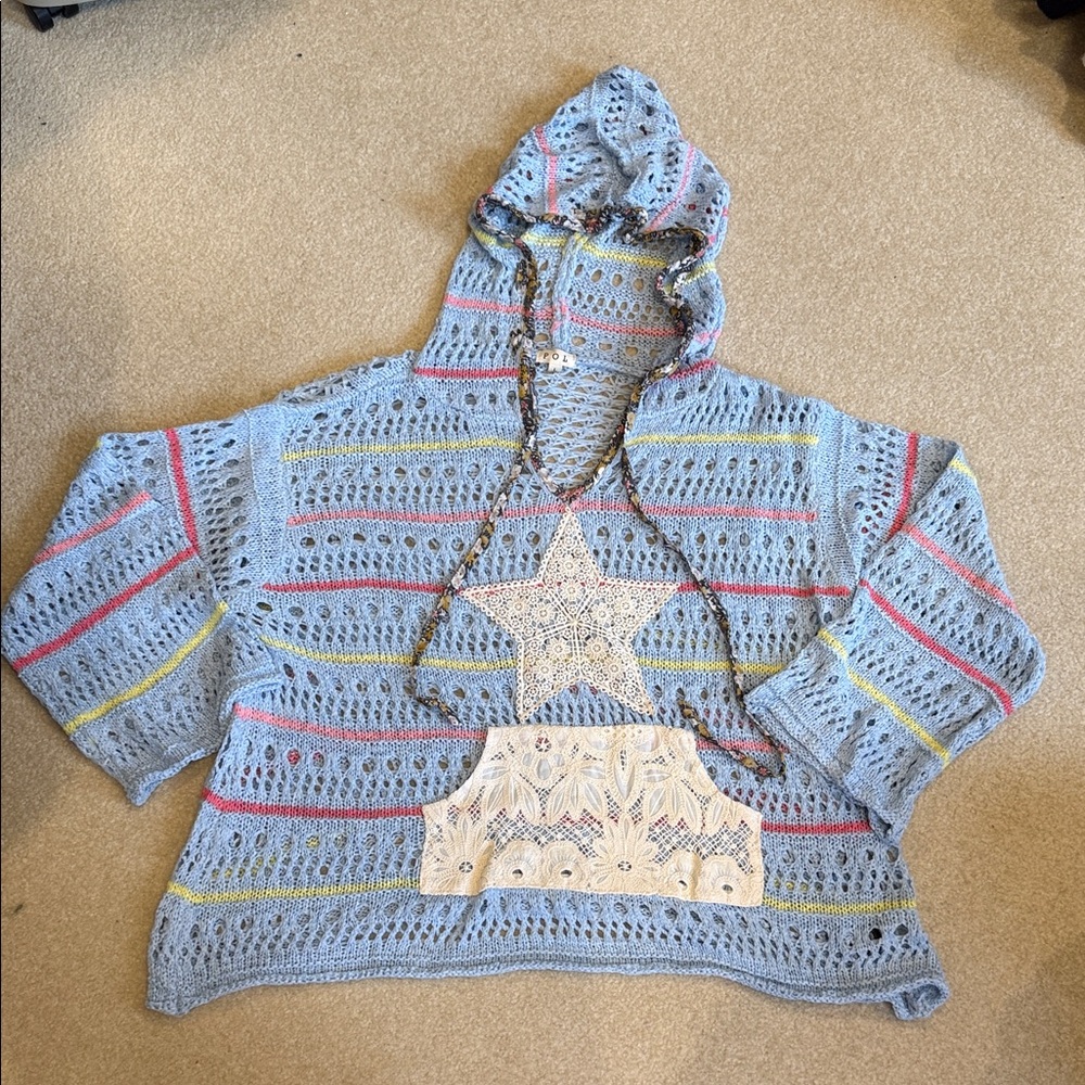 Women's Blue Hooded Sweater with Star Design - POL